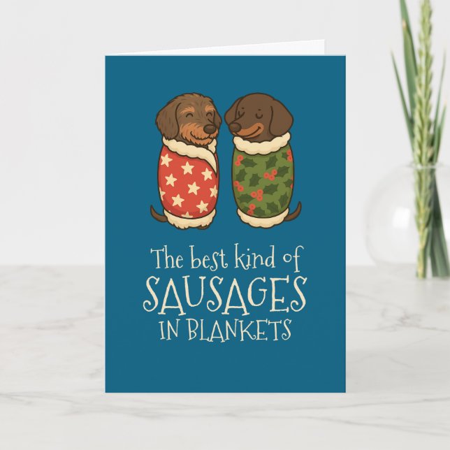 Dachshund Sausages in Blankets Christmas Holiday Card (Front)