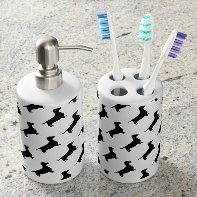 Dachshund Silhouette Black & White Soap Dispenser And Toothbrush Holder (Front)