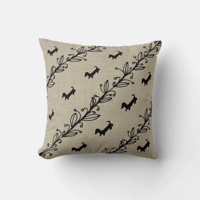Dachshund Silhouette Hand Drawn Flowers Pillow (Front)