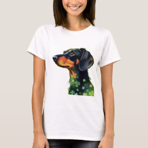 Dachshund Silhouette with Four Leaf Clovers T-Shirt