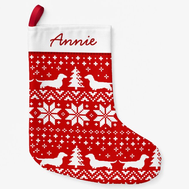 Dachshund Silhouettes Pattern Red and White Cute Small Christmas Stocking (Front)