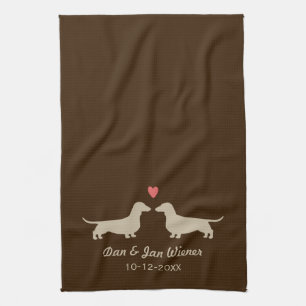 Dachshund Silhouettes with Heart Personalised Cute Tea Towel