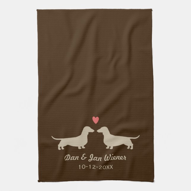 Dachshund Silhouettes with Heart Personalised Cute Tea Towel (Vertical)