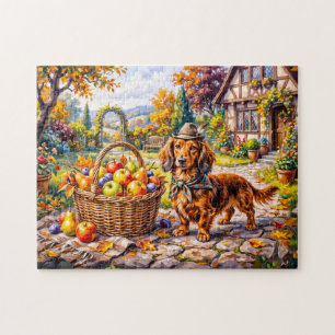 Dachshund Sitting Beside Apples Pumpkins Autumn Ga Jigsaw Puzzle