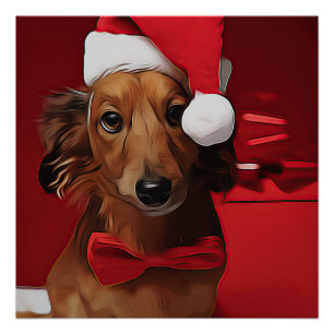 Dachshund Sitting In Front Of A Christmas Gift Pos Poster