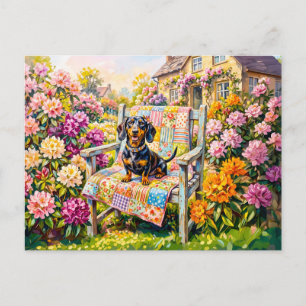 Dachshund Sitting on Floral Garden Bench Scene Postcard