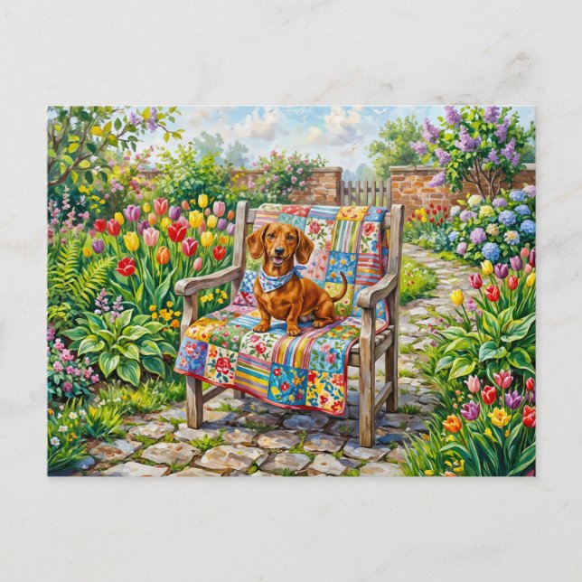 Dachshund Sitting on Patchwork Garden Chair Among  Postcard (Front)