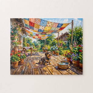 Dachshund Sitting Under Colourful Patchwork Garden Jigsaw Puzzle