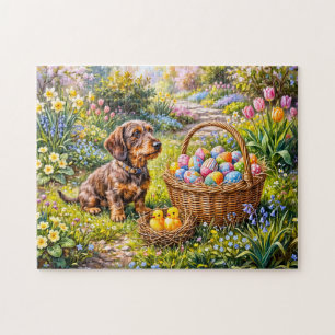 Dachshund Sitting with Easter Basket in Garden Jigsaw Puzzle