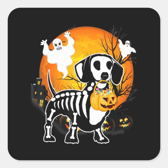 Dachshund Skeleton Halloween Happy Pumpkin Gift Square Sticker (Front)