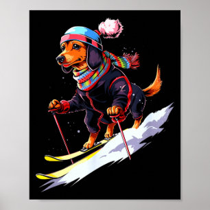 Dachshund skiing dog skier ski winter snow men poster
