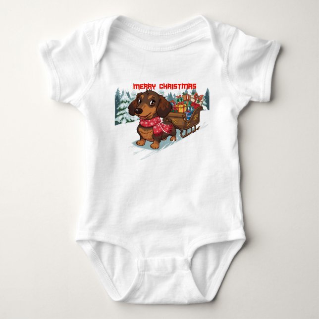 Dachshund Sleigh Ride – Cute Wiener Dog Christmas  Baby Bodysuit (Front)