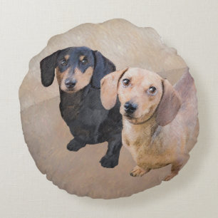 Dachshund (Smooth) Painting - Original Dog Art Round Cushion