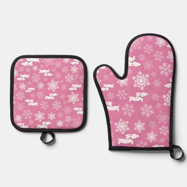 Dachshund & Snowflake Christmas Pink Oven Mitt & Pot Holder Set (Front)