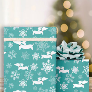 Dachshund Snowflakes Teal Christmas Gift Wrap