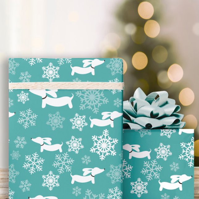 Dachshund Snowflakes Teal Christmas Gift Wrap (Dachshund Christmas wrapping paper - snowflakes and doxies)