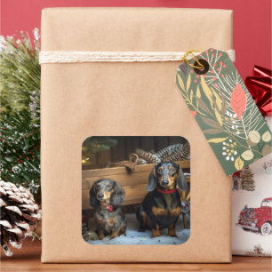 Dachshund Snowy Sleigh Christmas Decor Square Sticker