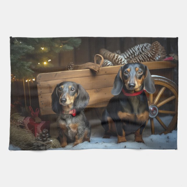 Dachshund Snowy Sleigh Christmas Decor Tea Towel (Horizontal)