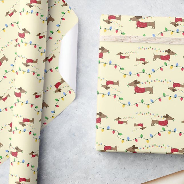 Dachshund Stealing Christmas Tree Lights Gift Wrap (Naughty wiener dog - stealing Christmas tree lights - gift wrap for dachshund moms and doxie dads)