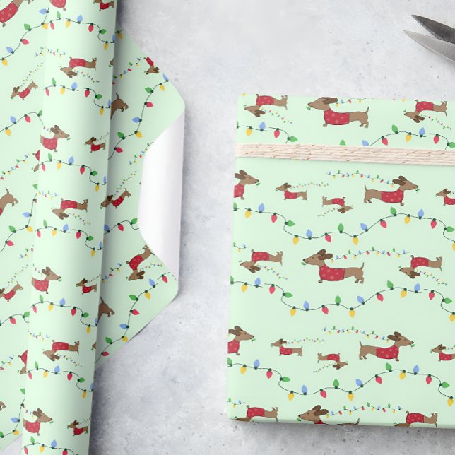 Dachshund Stealing Christmas Tree Lights Gift Wrap (Dachshund gift wrap for Christmas time - naughty  wiener dog stealing tree string lights!)