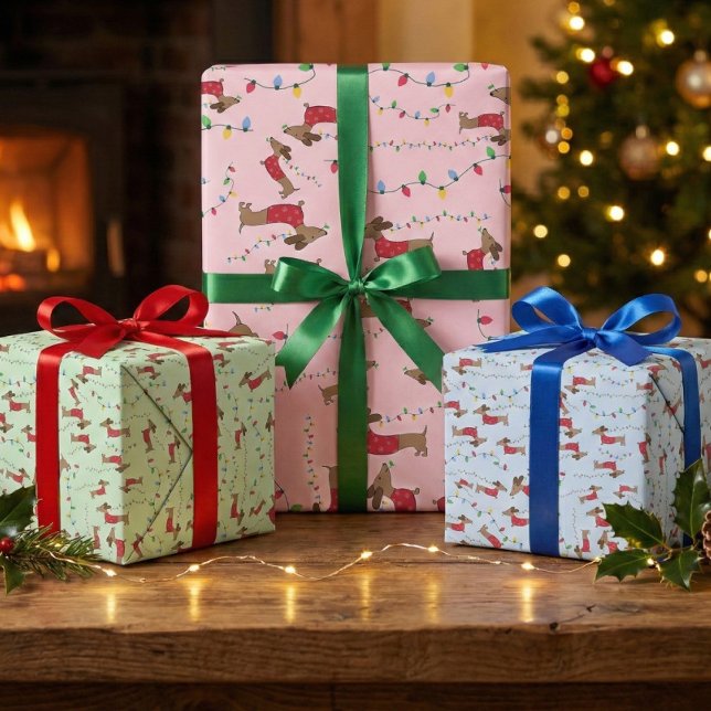 Dachshund Stealing Christmas Tree Lights Naughty Wrapping Paper Sheet (Naughty Christmas Dachshund - stealing lights and having a blast on dachshund gift wrap)