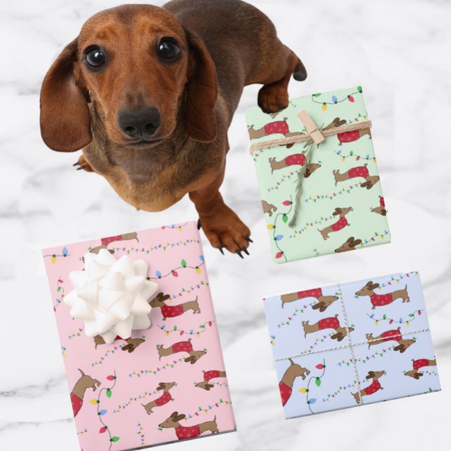 Dachshund Stealing Christmas Tree Lights Naughty Wrapping Paper Sheet (Naughty Christmas Dachshund - define good? Stealing lights and having a blast on dachshund gift wrap)