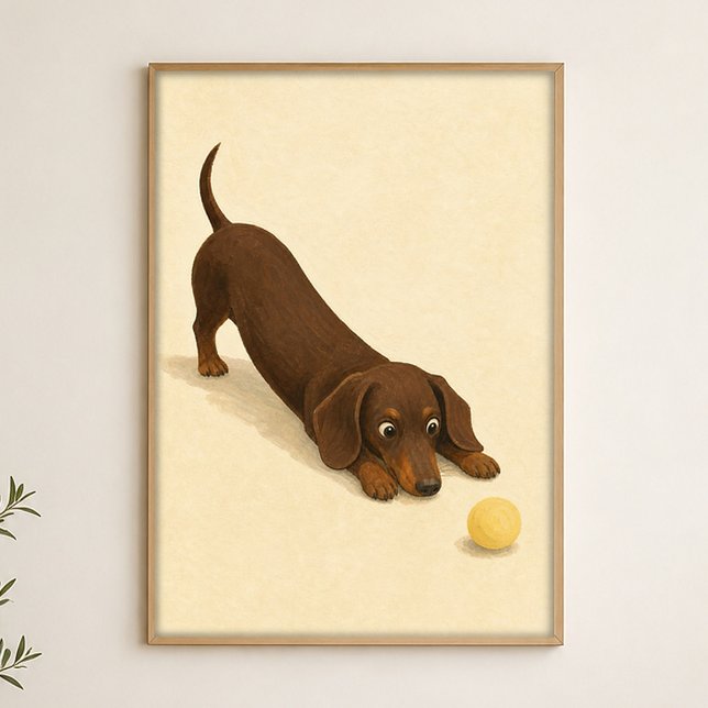 Dachshund Stretch Watercolour Whimsical Art Poster (Shown framed for scale. Poster ships unframed; frames are an optional add-on.)