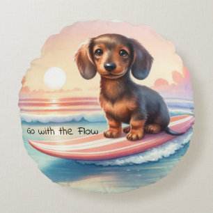 Dachshund Surfer Sunset Serenity Round Cushion