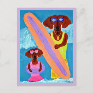  Dachshund Surfer with puppy Postcard