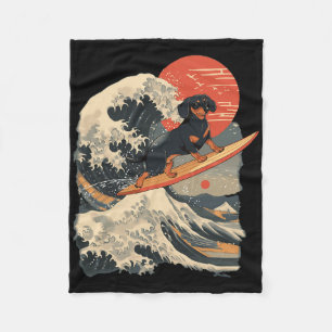 Dachshund Surfing Japanese Great Wave _1  Fleece Blanket
