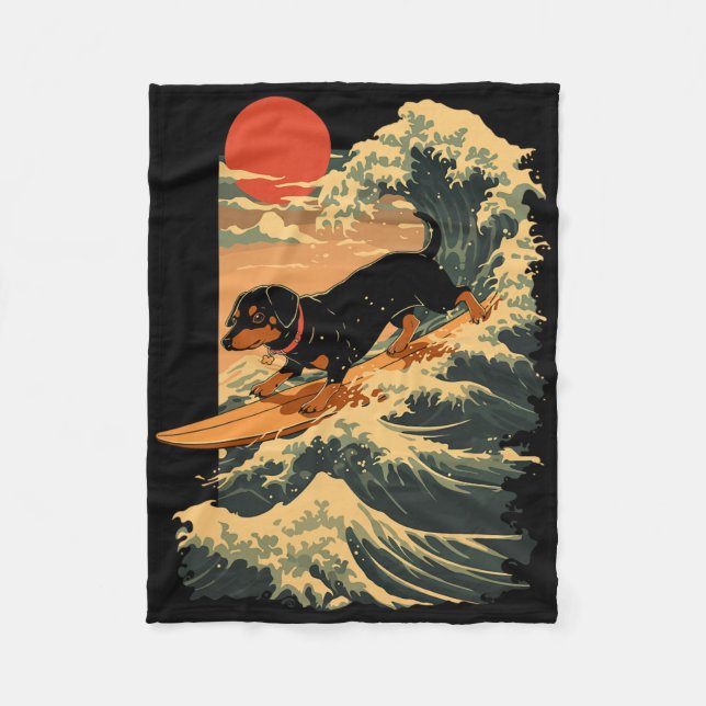 Dachshund Surfing Japanese Great Wave _2  Fleece Blanket (Front)