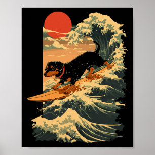 Dachshund Surfing Japanese Great Wave _2 Poster