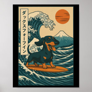 Dachshund Surfing Japanese Great Wave _3 Poster