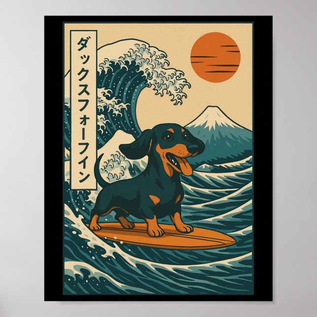 Dachshund Surfing Japanese Great Wave _3  Poster (Front)