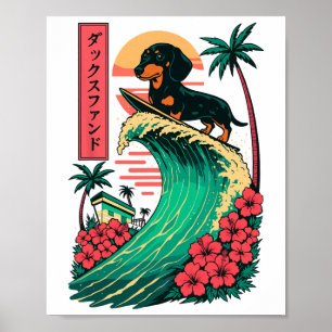 Dachshund Surfing Japanese Great Wave Poster