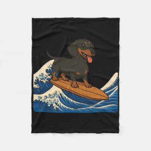 Dachshund Surfing Japanese Wave Weiner Dog _1 Fleece Blanket