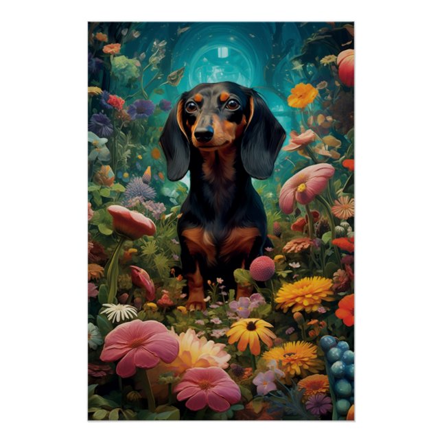 Dachshund Surrounded By Various Types Of Flowers Poster (Front)
