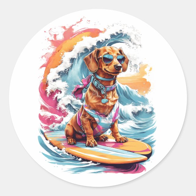 Dachshund T-shirt Design with Water Wave Splash Classic Round Sticker (Front)