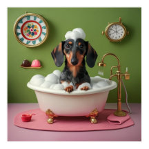 Dachshund Taking Bubble Bath in Tiny Tub Whimsical