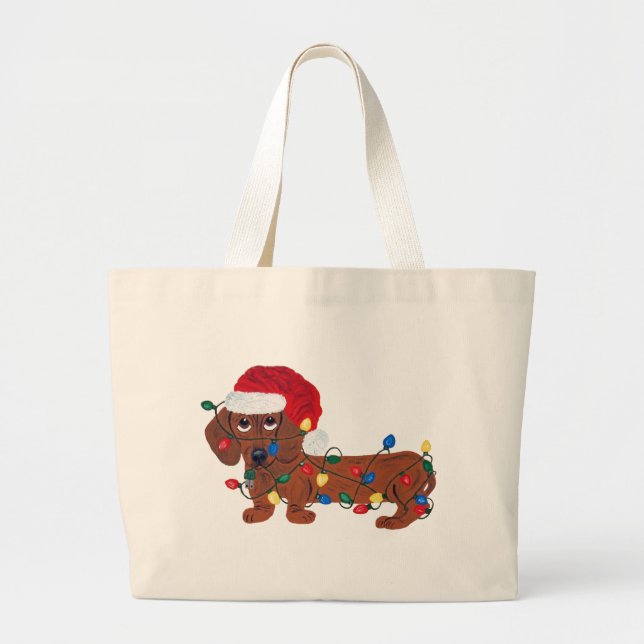 Dachshund Tangled In Christmas Lights  Large Tote Bag (Front)