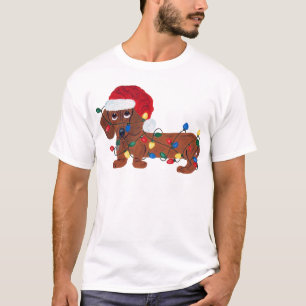 Dachshund Tangled In Christmas Lights (Red) T-Shirt