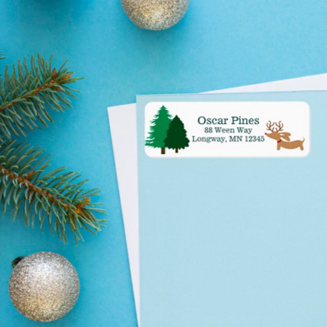 Dachshund-themed Christmas Card Address Labels (Personalized rustic Christmas return address label with a dachshund masquerading as a reindeer)