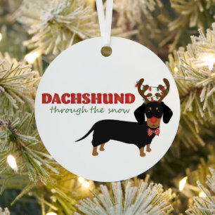 Dachshund Through Snow Cute Doxie Reindeer Dog Metal Tree Decoration