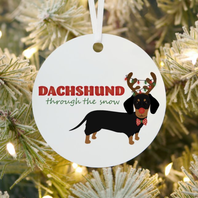 Dachshund Through Snow Cute Doxie Reindeer Dog Metal Tree Decoration (Insitu)