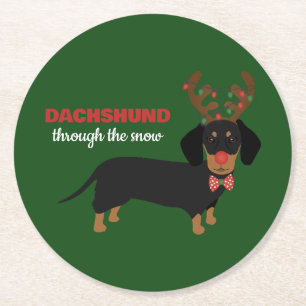 Dachshund Through Snow Cute Doxie Reindeer Dog Round Paper Coaster