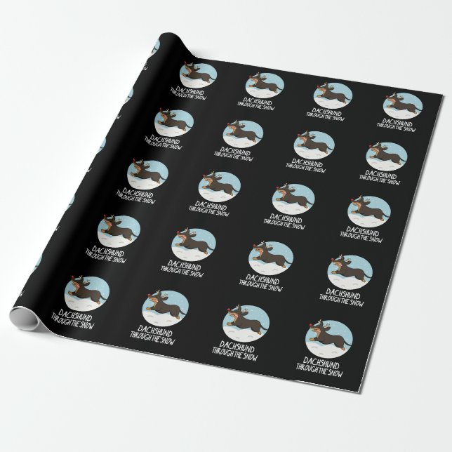 Dachshund Through The Snow Christmas Pun Dark BG Wrapping Paper (Unrolled)