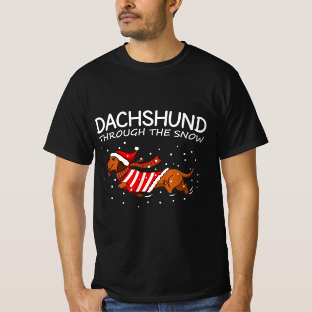 Dachshund Through The Snow Funny Dog Christmas T-Shirt (Front)