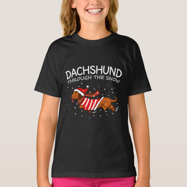 Dachshund Through The Snow Funny Dog Christmas T-Shirt (Front)