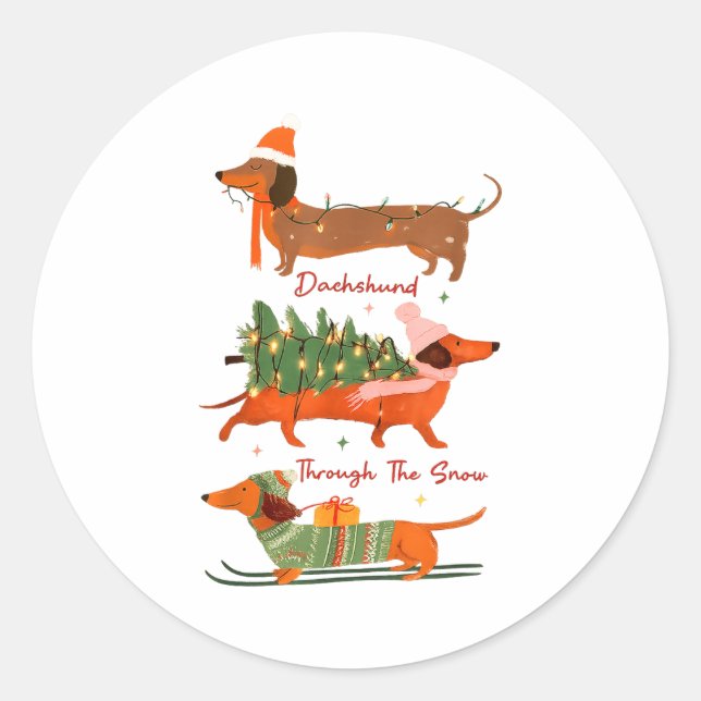 Dachshund Through The Snow Merry Christmas Dachshu Classic Round Sticker (Front)
