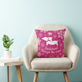 Dachshund Through The Snow Pink Christmas Pillow